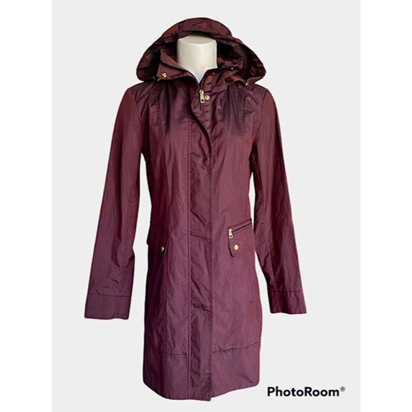 Cole Haan Signature Packable Hooded Raincoat Back Bow‎ Plum Sz XS EUC - Picture 1 of 7